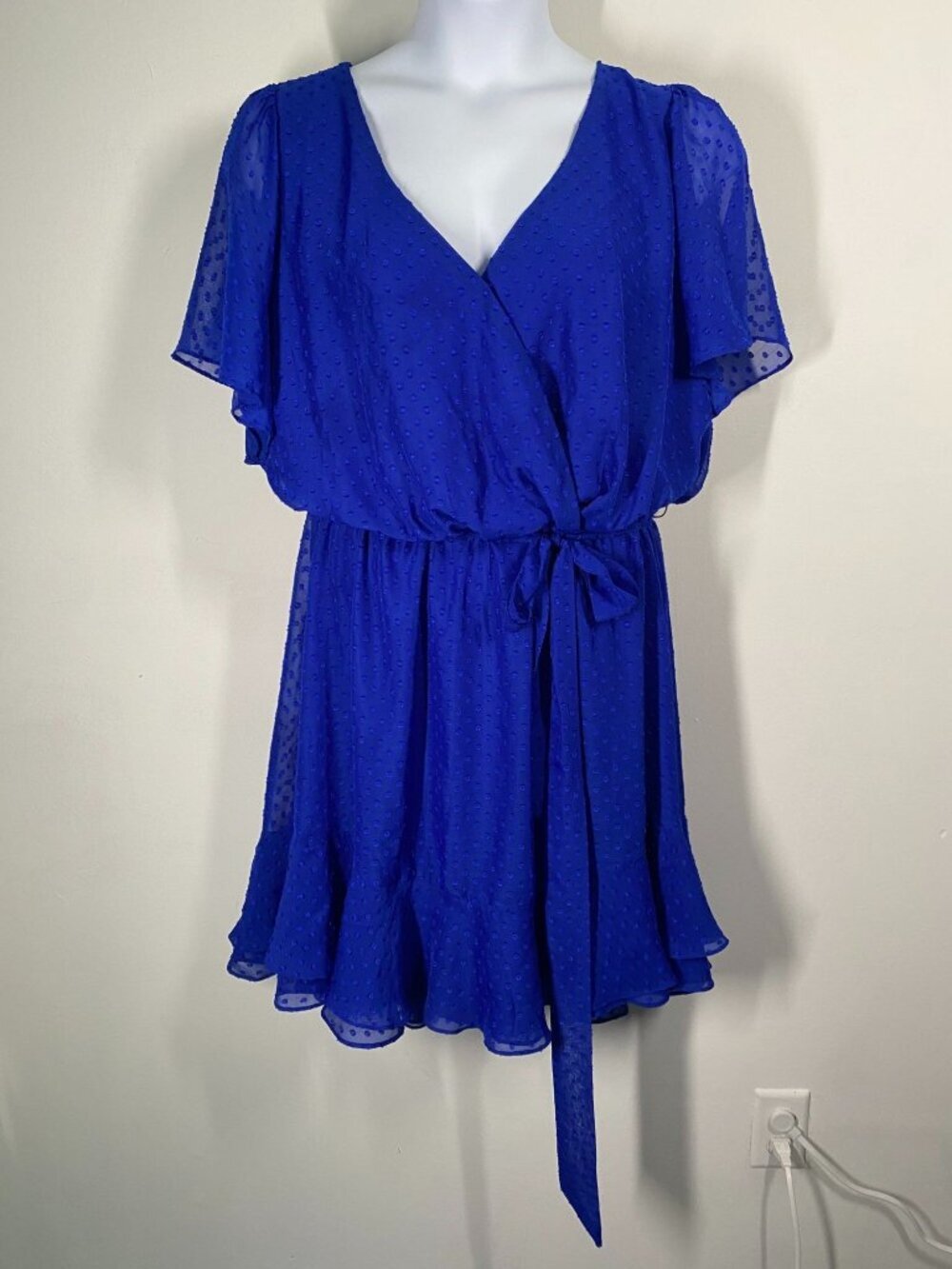 Polka Dot Sheer Royal Blue 22w Wrap Dress With Flutter Sleeves & Tie Waist